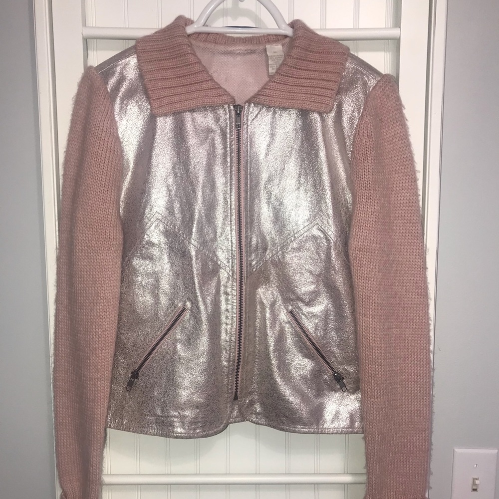 Pale pink Metallic Leather sweater jacket